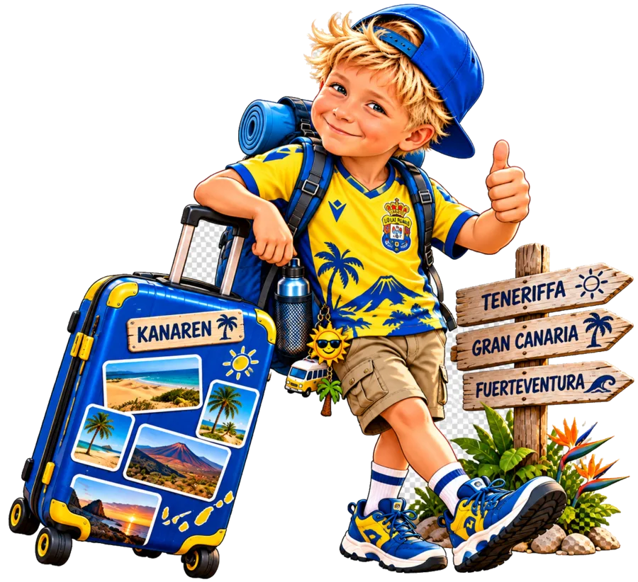 DjulliBulli als Kanaren-Reisemaskottchen mit Koffer und Insel-Wegweiser