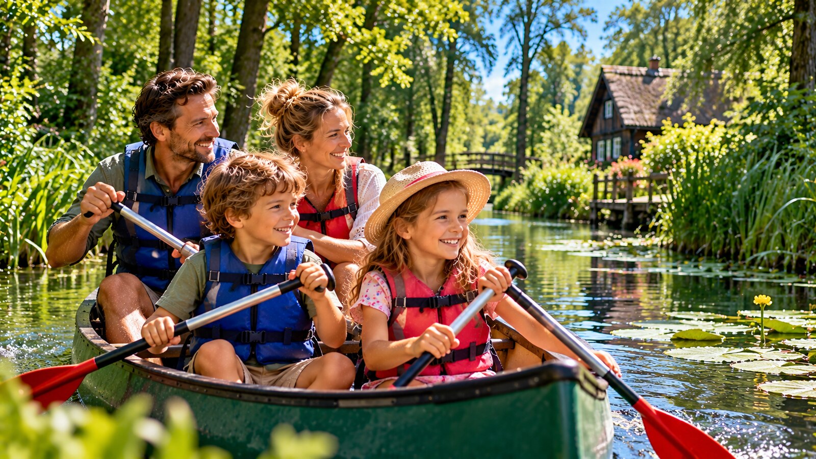 Familie beim Paddeln im Spreewald