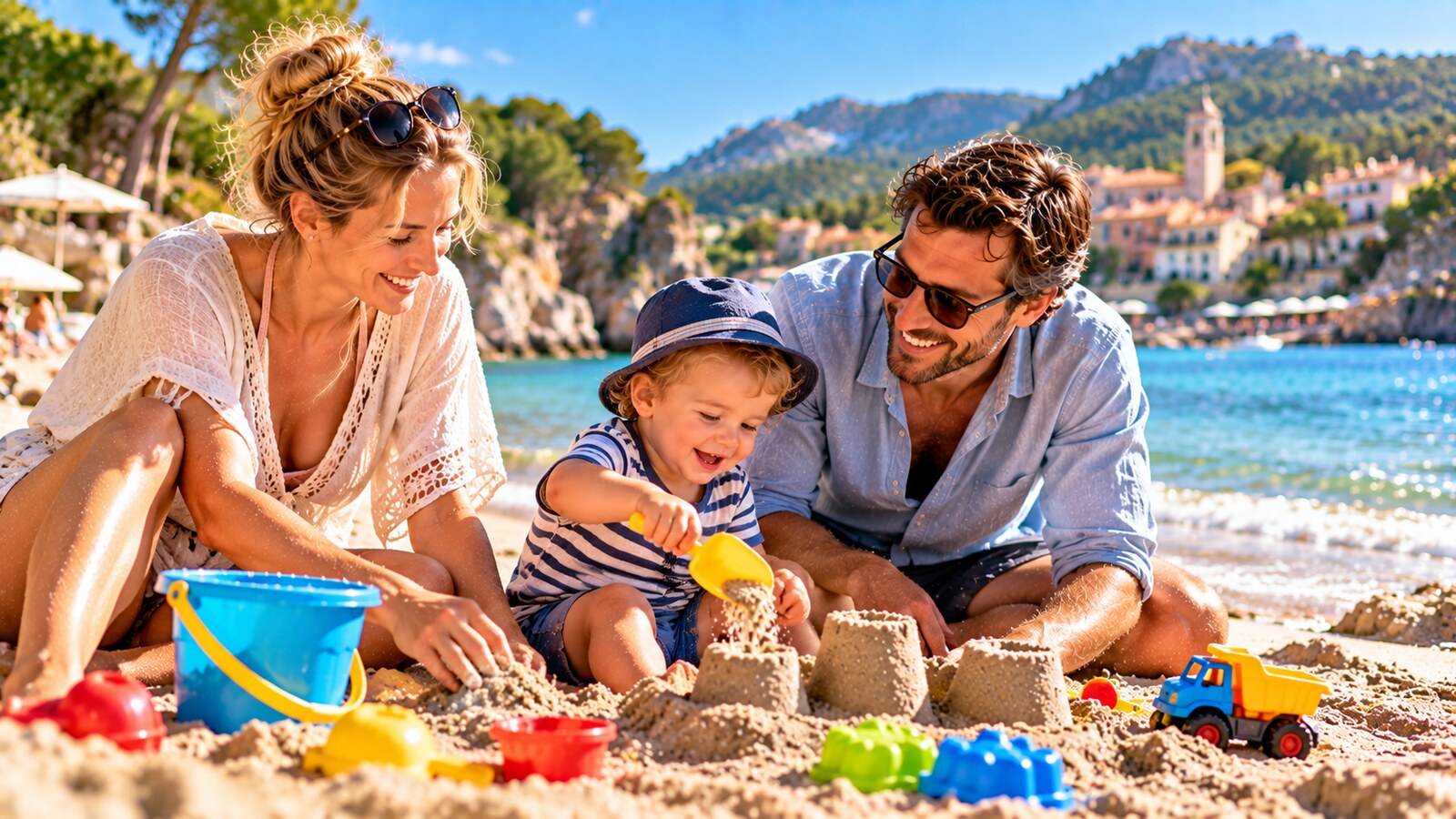 Familie im Urlaub mit Kleinkind