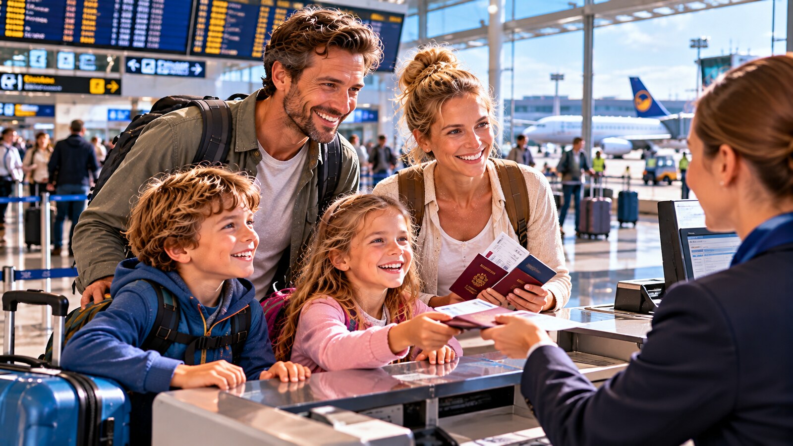 Familie mit Kindern am Flughafen