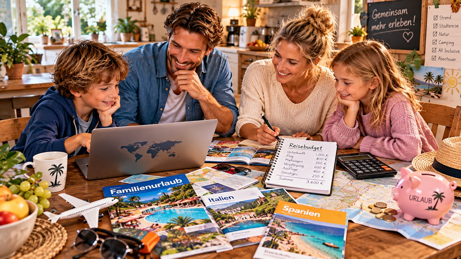 Familie plant gemeinsam das Urlaubsbudget