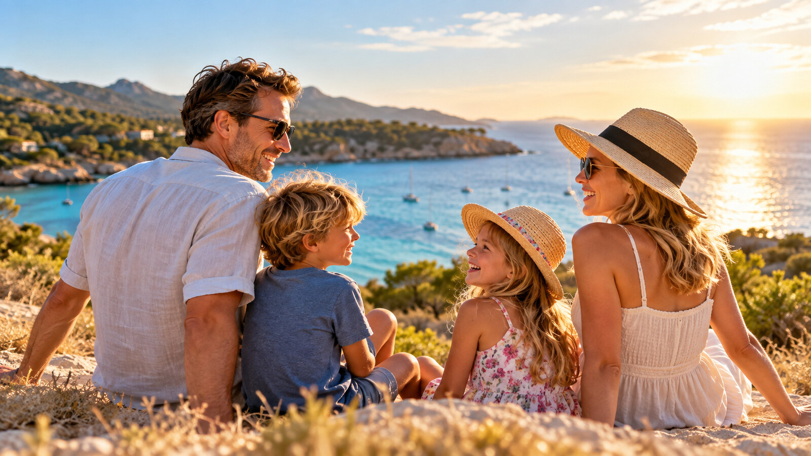 Familie im Urlaub mit Blick auf Meer und Landschaft