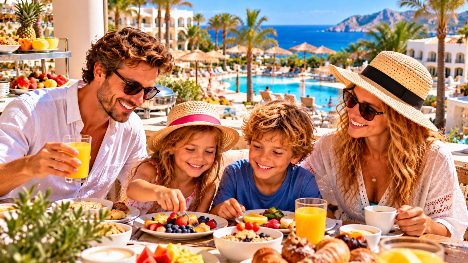 Familie beim Frühstück in einer Ferienanlage auf Mallorca
