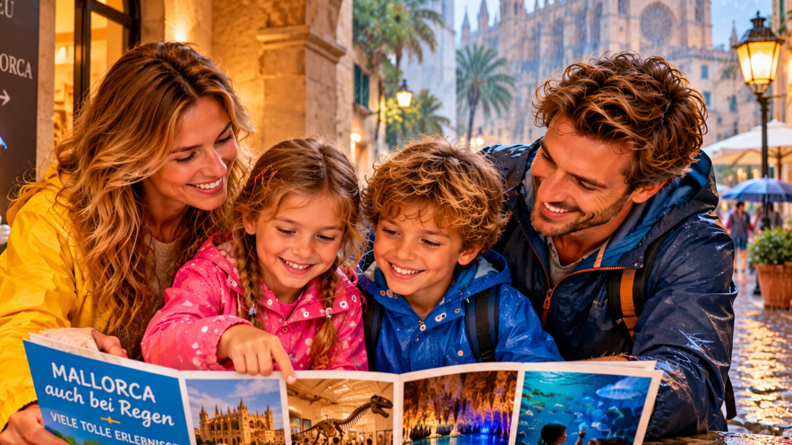 Familie plant bei Regen wetterfeste Ausflüge auf Mallorca