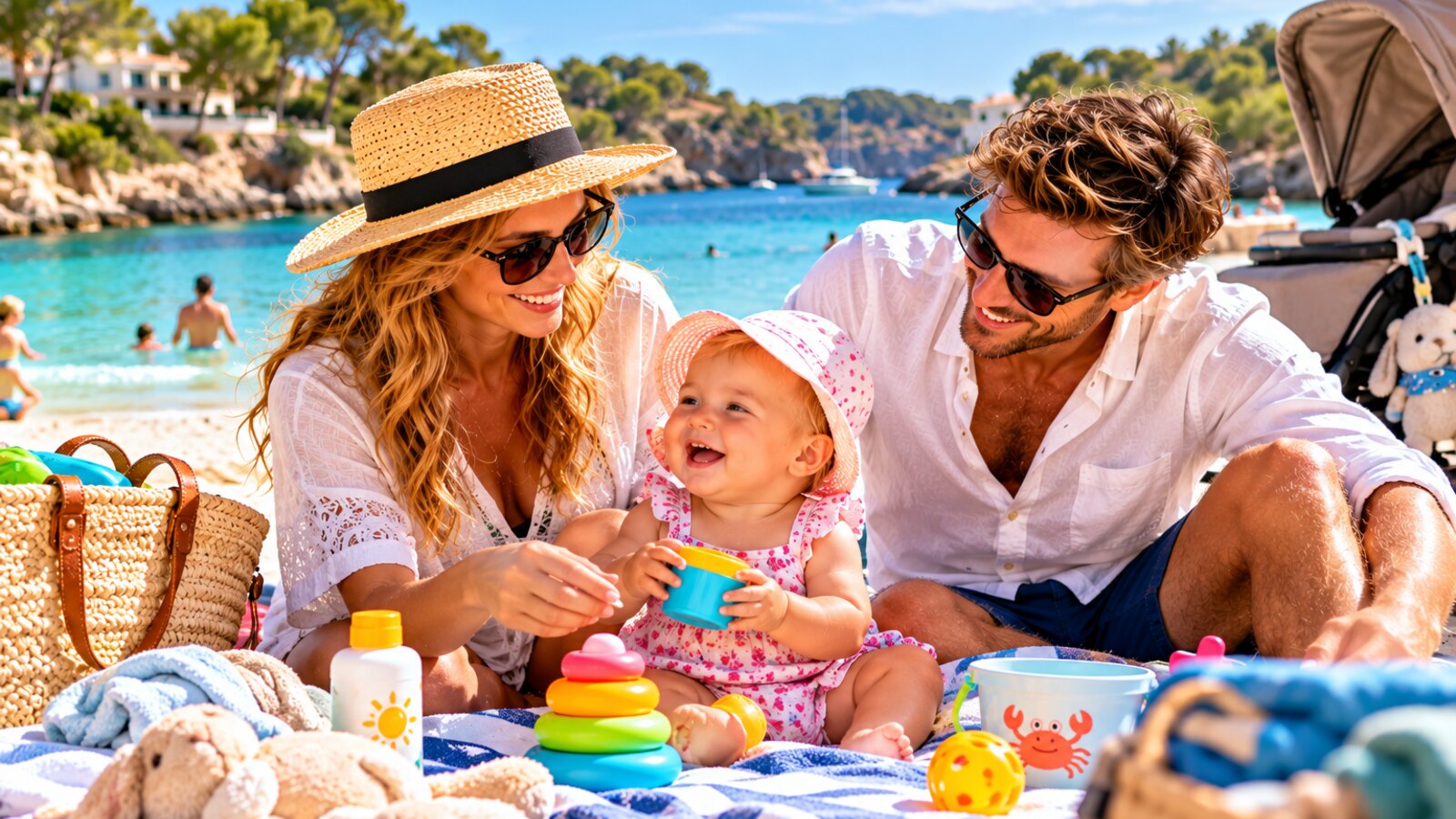 Eltern mit Baby an einer geschützten Badebucht auf Mallorca