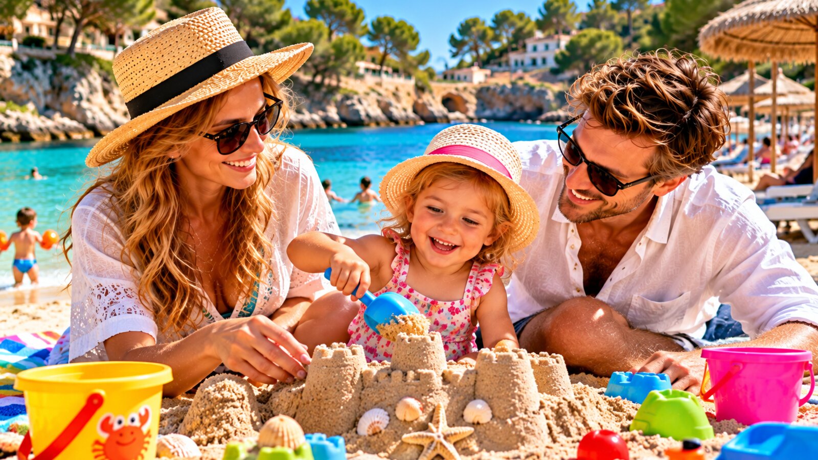 Familie mit Kleinkind beim Sandburgenbauen an einer Badebucht auf Mallorca