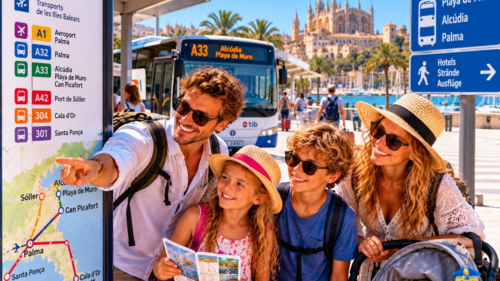 Familie unterwegs mit Bus und öffentlichen Verkehrsmitteln auf Mallorca