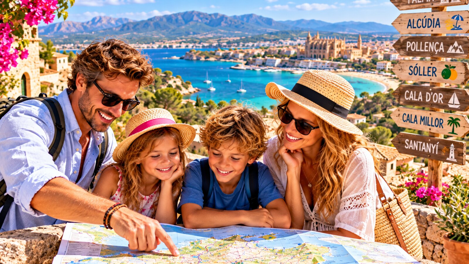 Familie plant mit Karte passende Regionen für den Mallorca-Urlaub