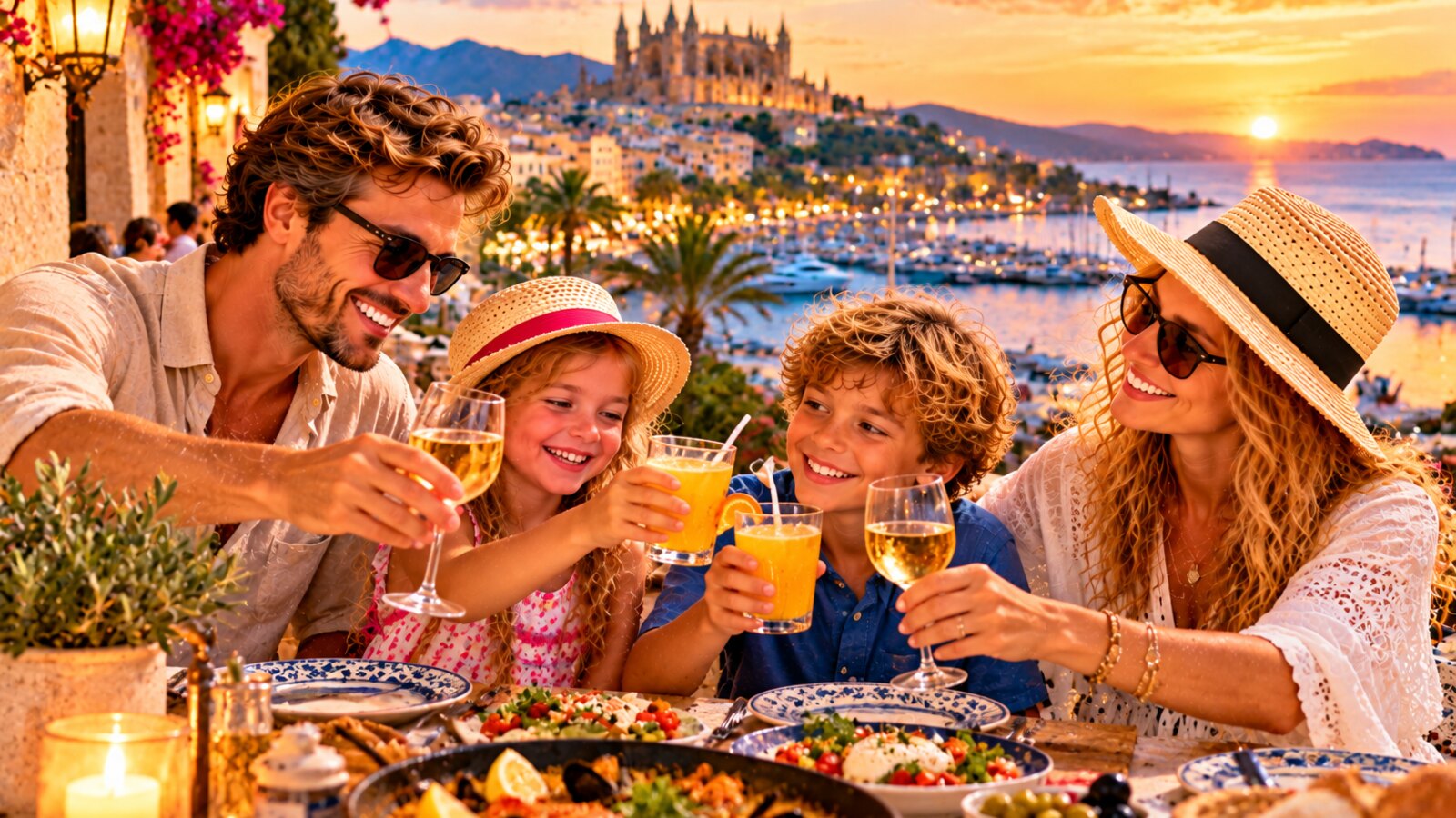 Familie beim gemeinsamen Abendessen im warmen Abendlicht auf Mallorca