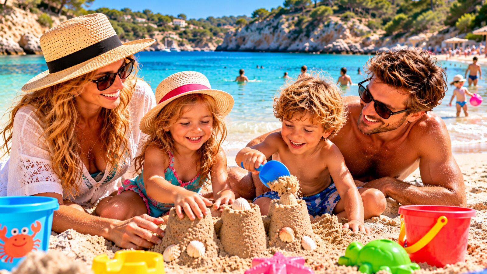 Familie mit Kindern an einem sandigen Familienstrand auf Mallorca