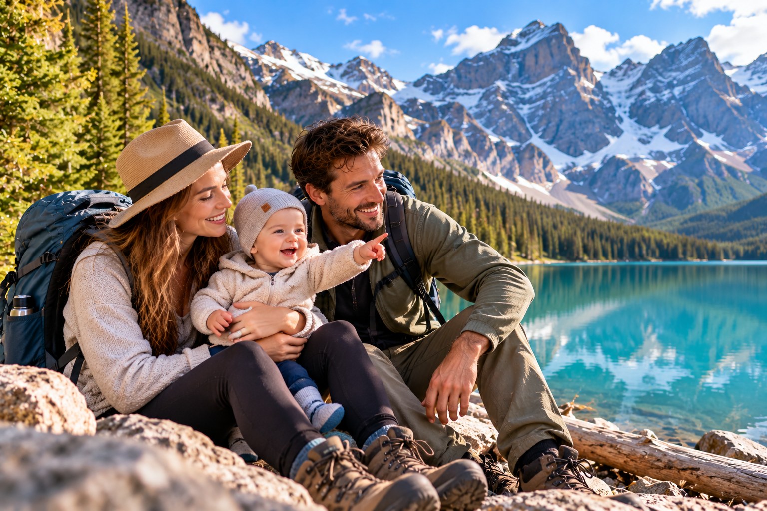 Familie mit Baby in ruhiger kanadischer Natur an einem Bergsee