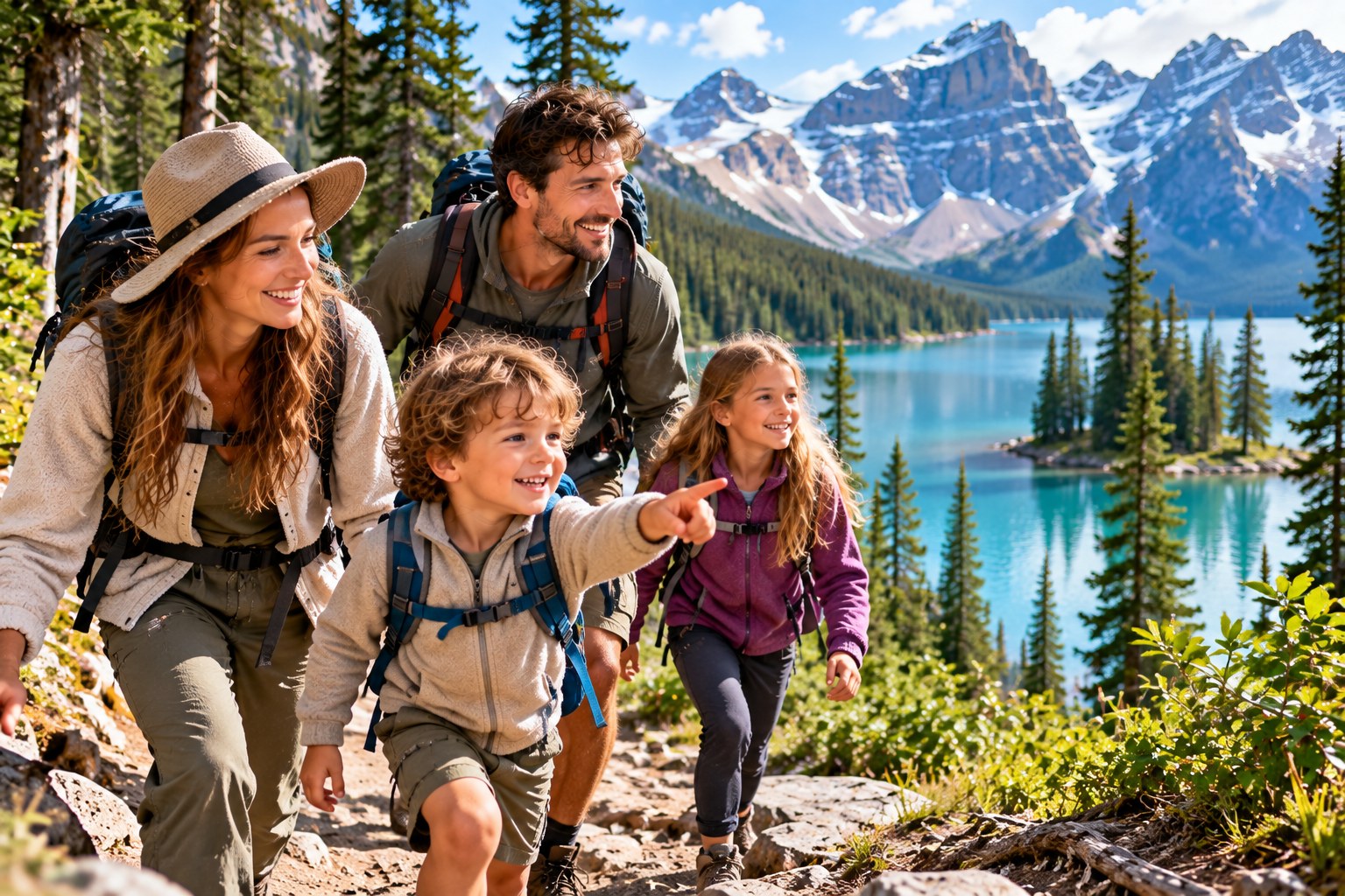Familie mit Kleinkind bei einer leichten Naturentdeckung in Kanada
