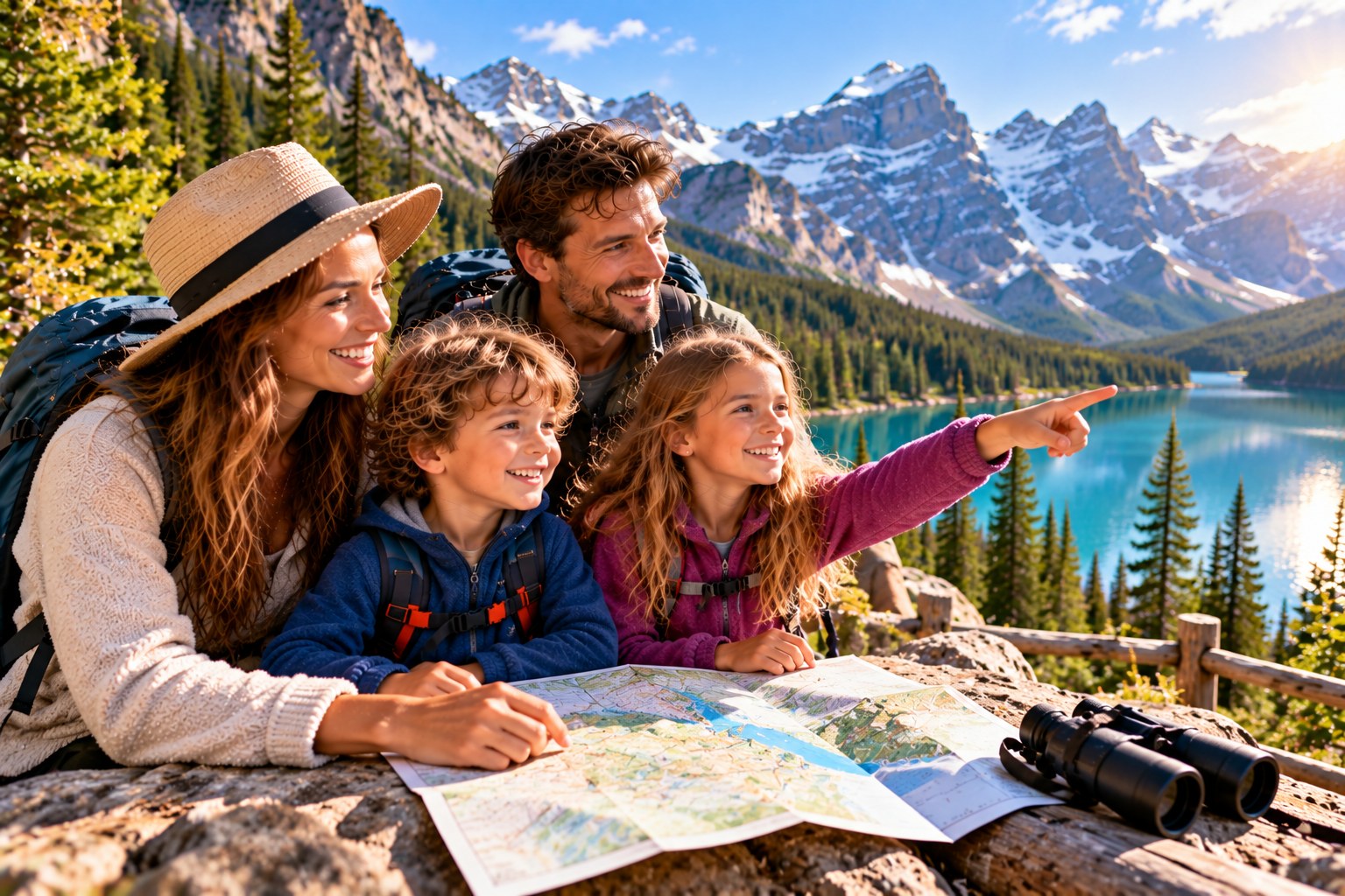 Familie plant mit Karte eine Reise durch unterschiedliche Regionen Kanadas