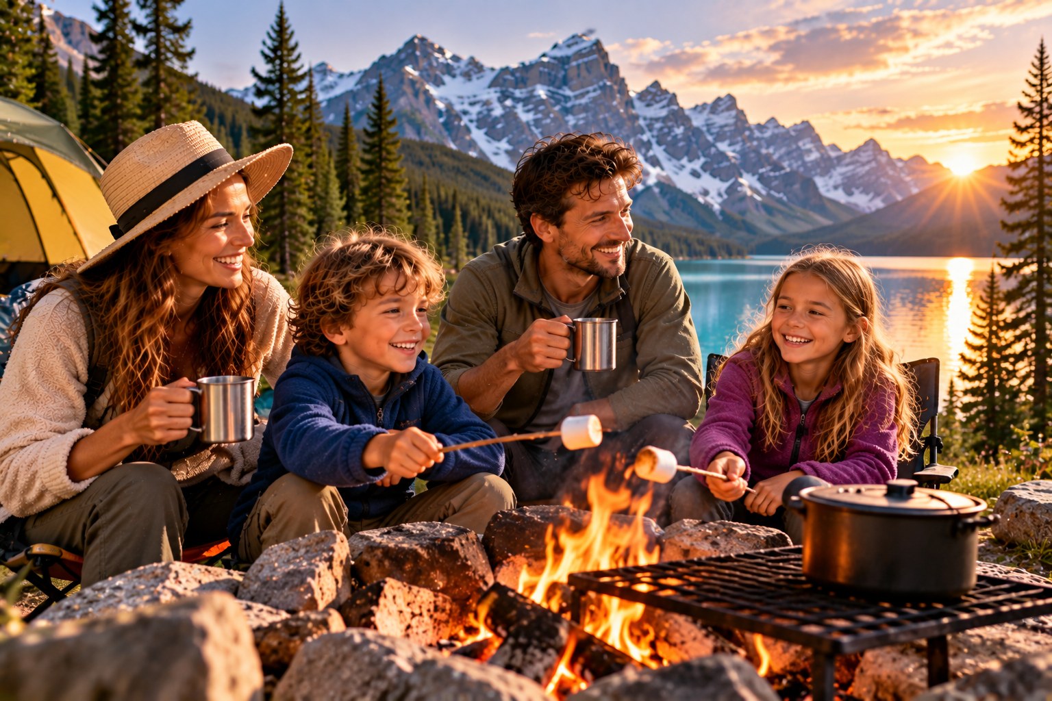 Familie in kanadischer Berg- und Seenlandschaft mit saisonalem Reisecharakter