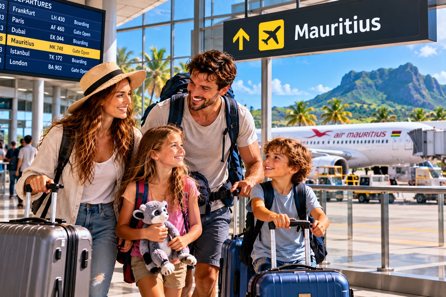 Familie mit Gepäck bei der Ankunft nach einer Langstreckenreise nach Mauritius