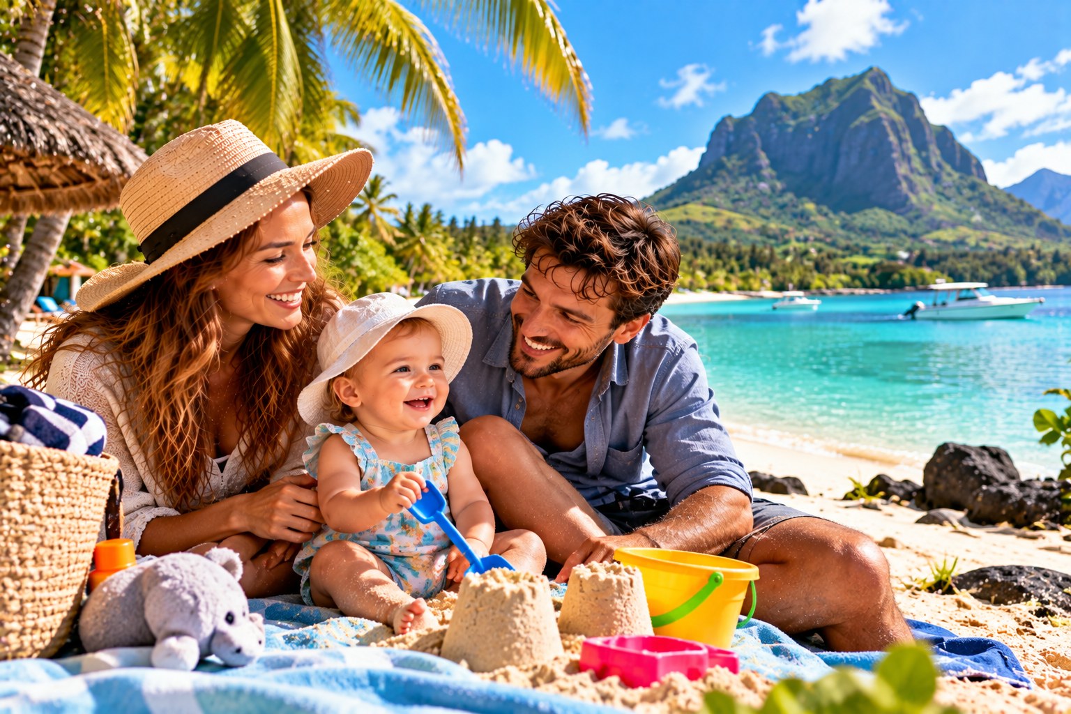 Eltern mit Baby im Schatten an einer ruhigen Lagune auf Mauritius