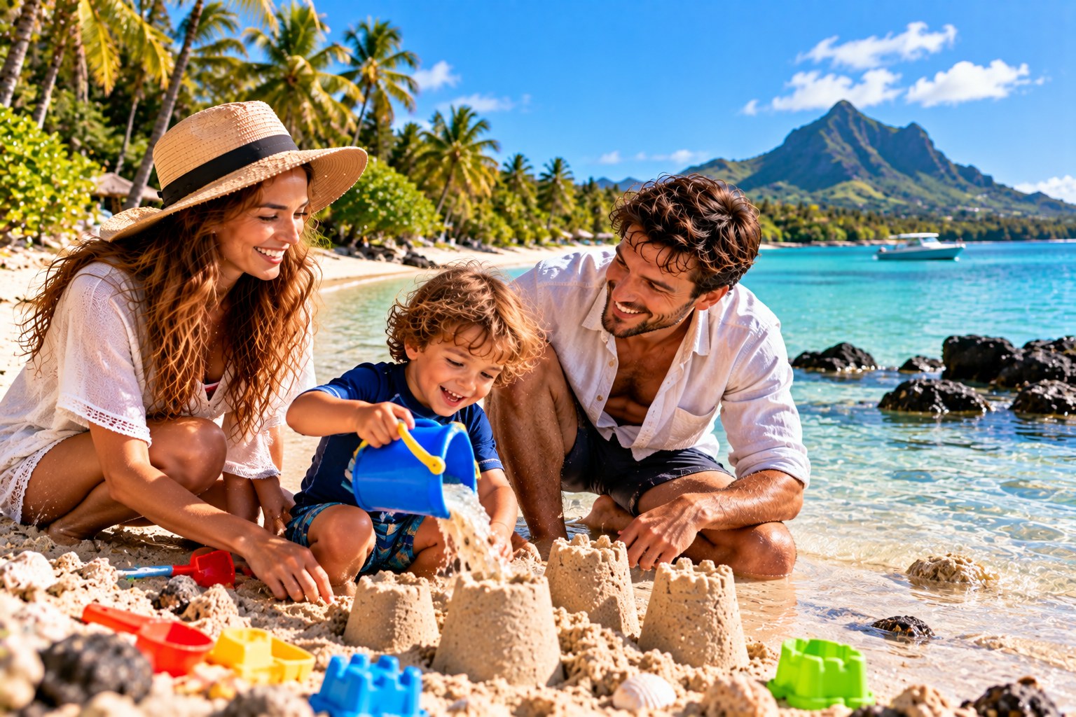 Familie mit Kleinkind an einer flachen Lagune auf Mauritius