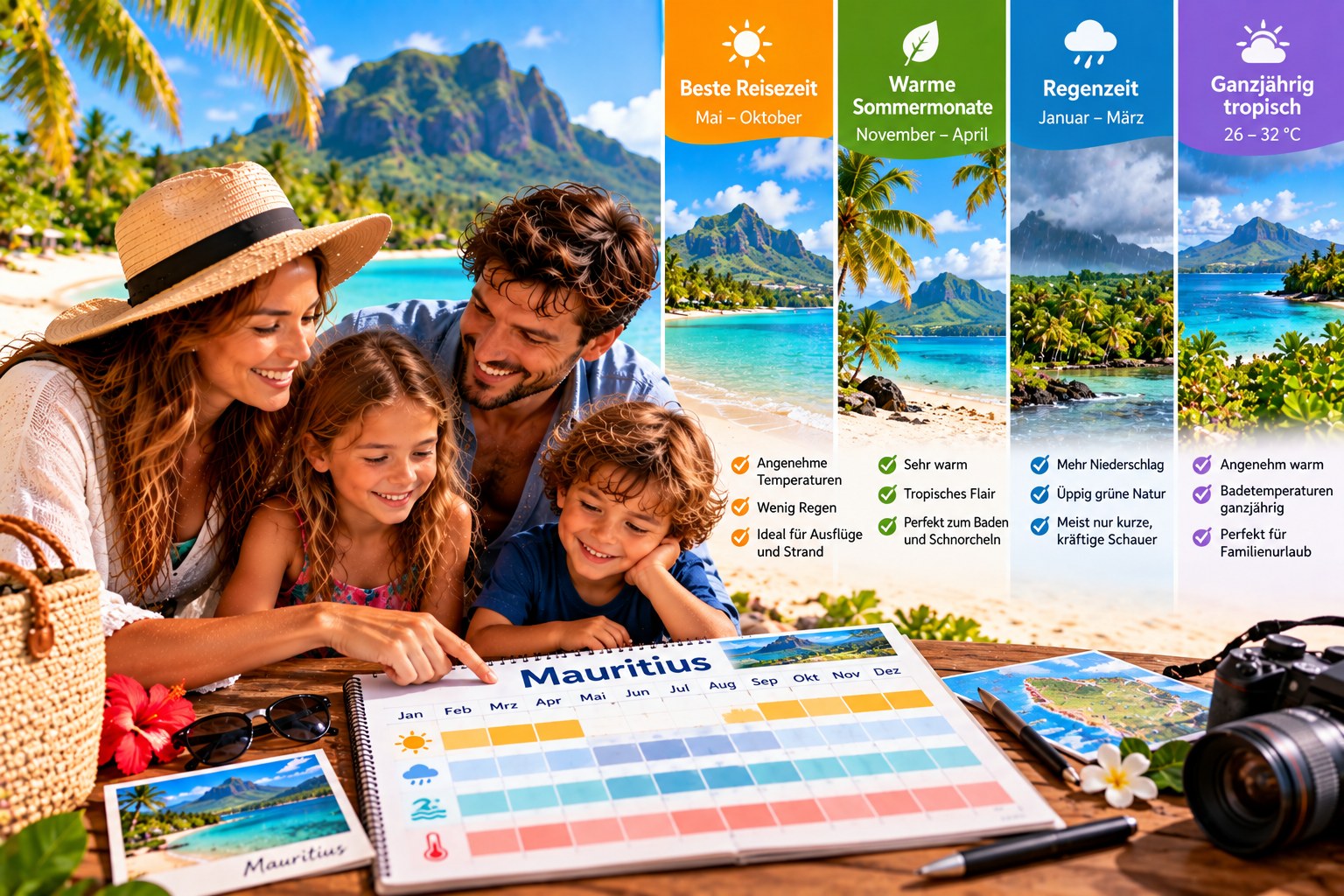 Familie vergleicht Reisezeiten und Saisoncharakter für Mauritius