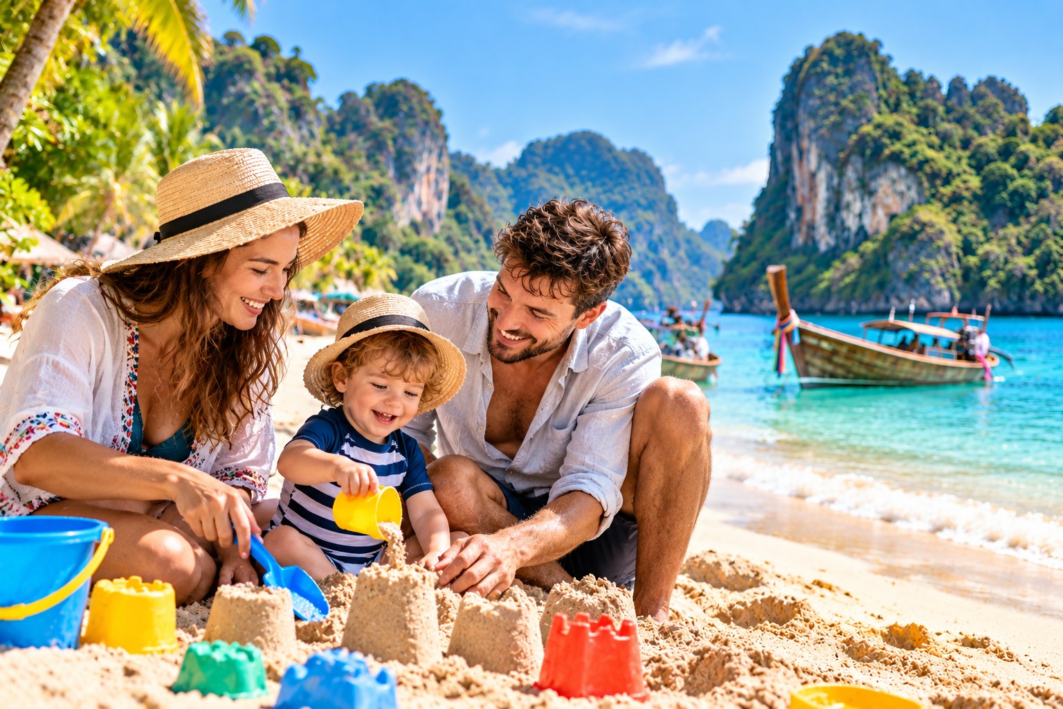 Familie mit Kleinkind bei einer kurzen Strandentdeckung in Thailand