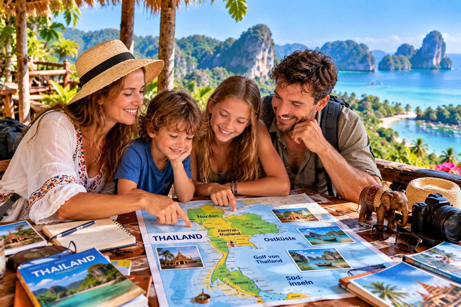 Familie plant mit Karte unterschiedliche Regionen für eine Thailandreise