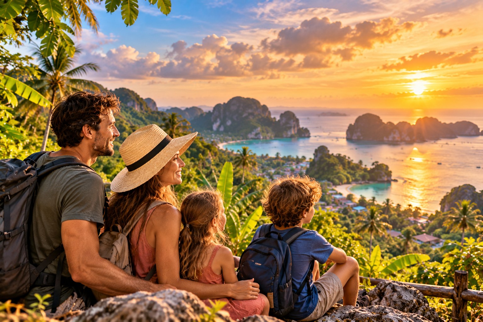 Familie erlebt tropische Landschaft in Thailand mit sichtbarem Saisoncharakter