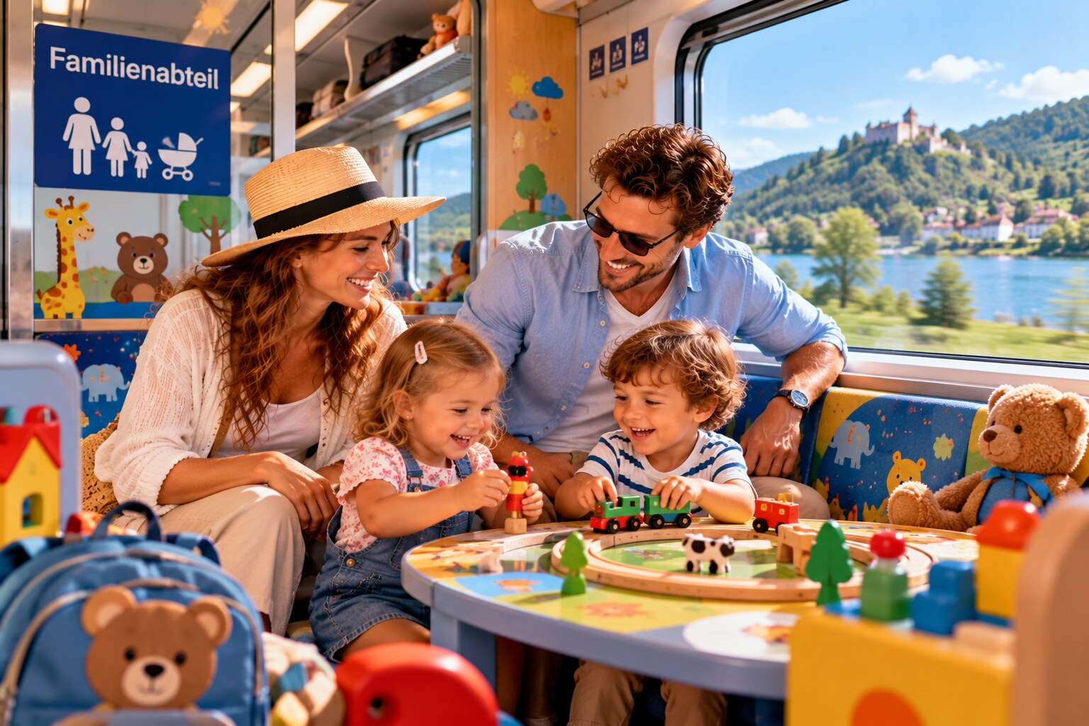Familie mit kleinen Kindern beim Spielen in einem Familienbereich im Zug
