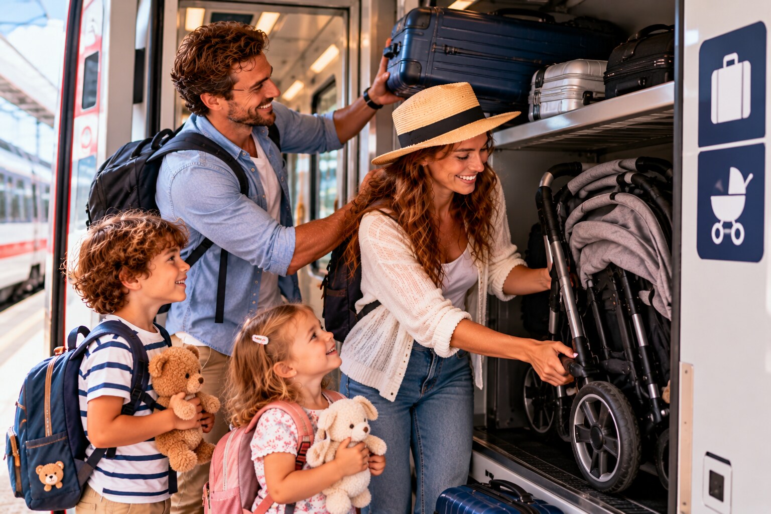 Familie verstaut Koffer und Kinderwagen im Gepäckbereich eines Zuges