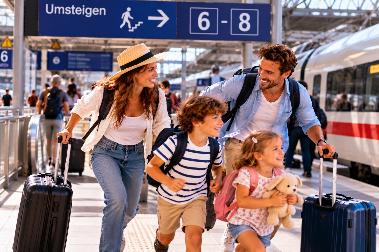 Familie mit Gepäck orientiert sich beim Umsteigen an einem Bahnhof