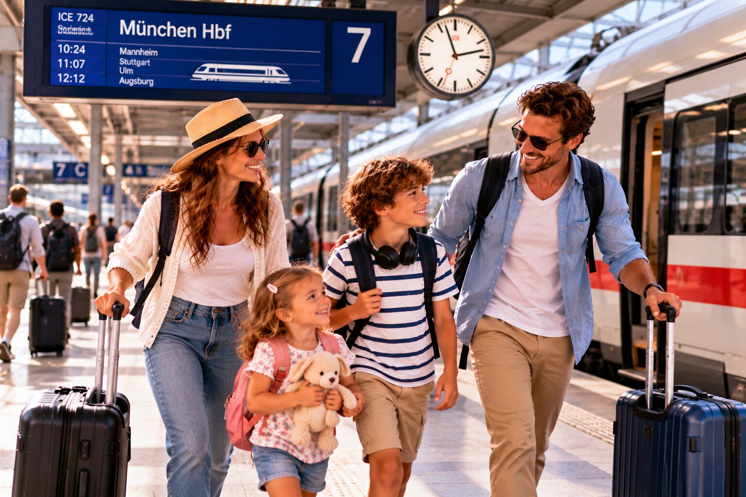 Familie kommt mit Gepäck per Bahn an ihrem Urlaubsort an