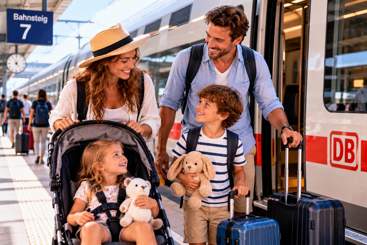 Familie mit Kleinkind und Kinderwagen beim Einstieg in einen Fernzug