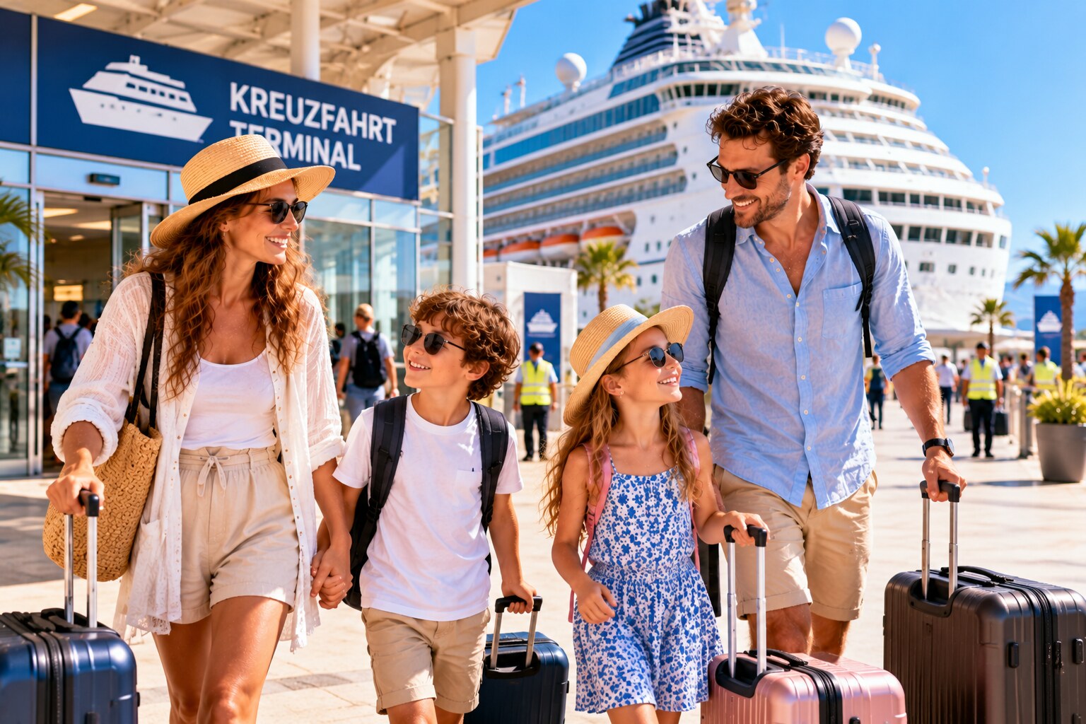 Familie mit Gepäck am Kreuzfahrtterminal vor dem Start ihrer Reise