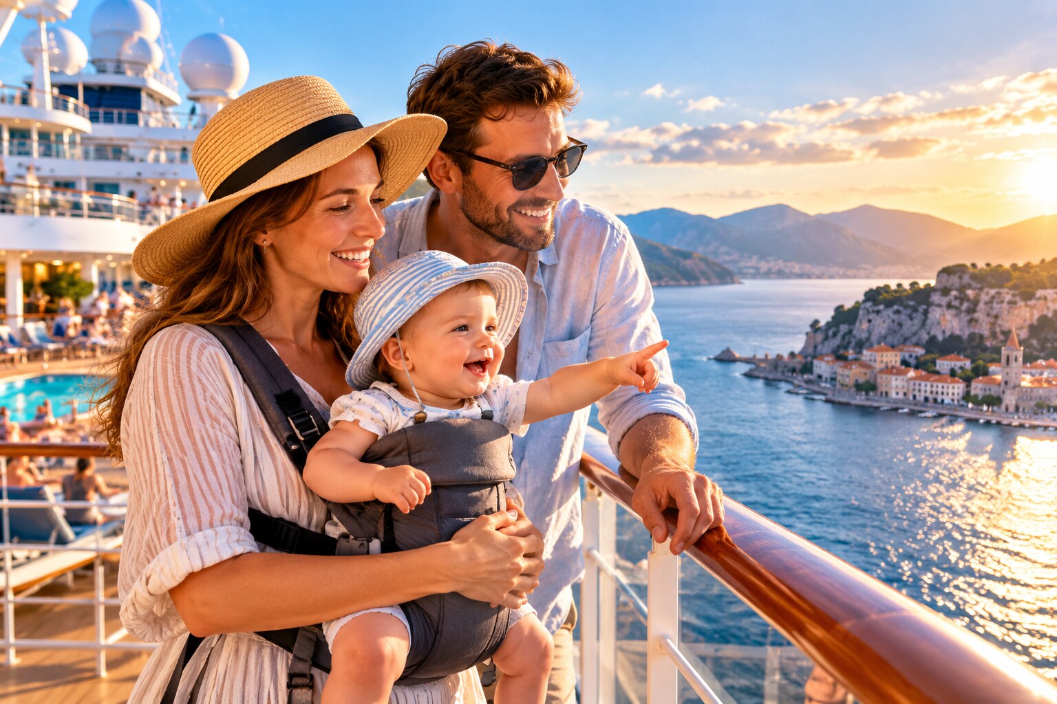 Eltern mit Baby an Deck eines Kreuzfahrtschiffs mit Blick auf Meer und Küste