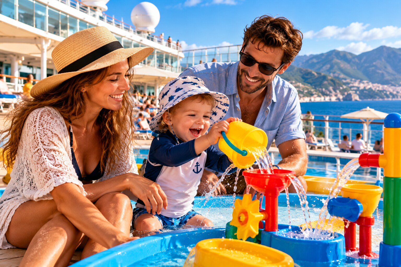 Familie mit Kleinkind im kindgerechten Splash-Bereich eines Kreuzfahrtschiffs