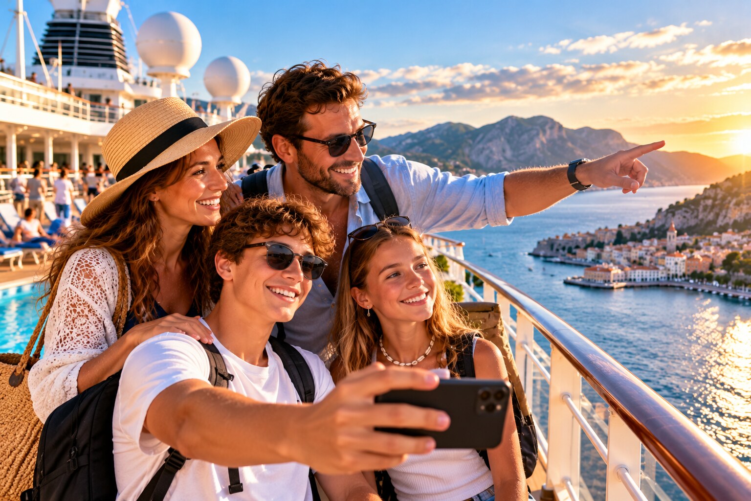 Familie mit Teenagern an Deck eines Kreuzfahrtschiffs mit Hafenblick