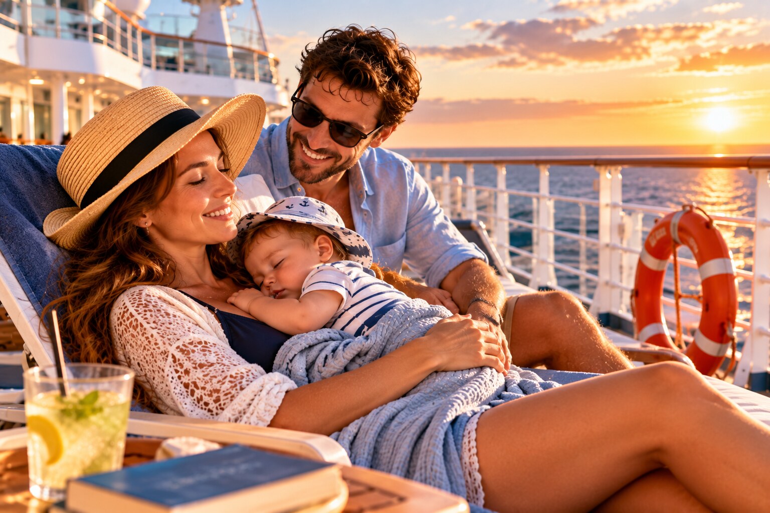 Familie bei einem ruhigen Deckmoment auf See während einer Kreuzfahrt