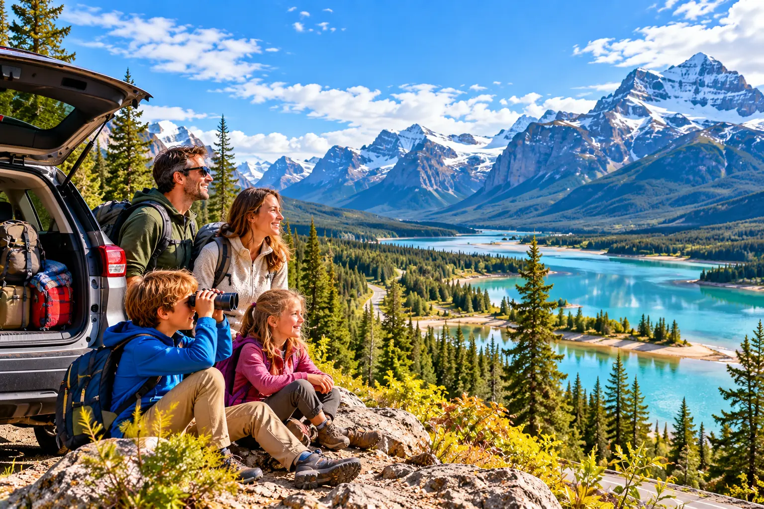 Familie beim Roadtrip in der kanadischen Berg- und Seenlandschaft