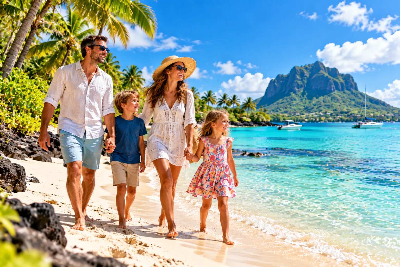 Familie am tropischen Strand und an der Lagune von Mauritius