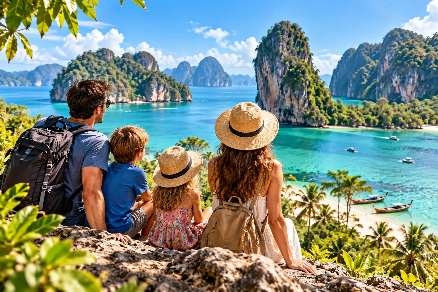 Familie mit Kindern blickt auf eine tropische Bucht in Thailand