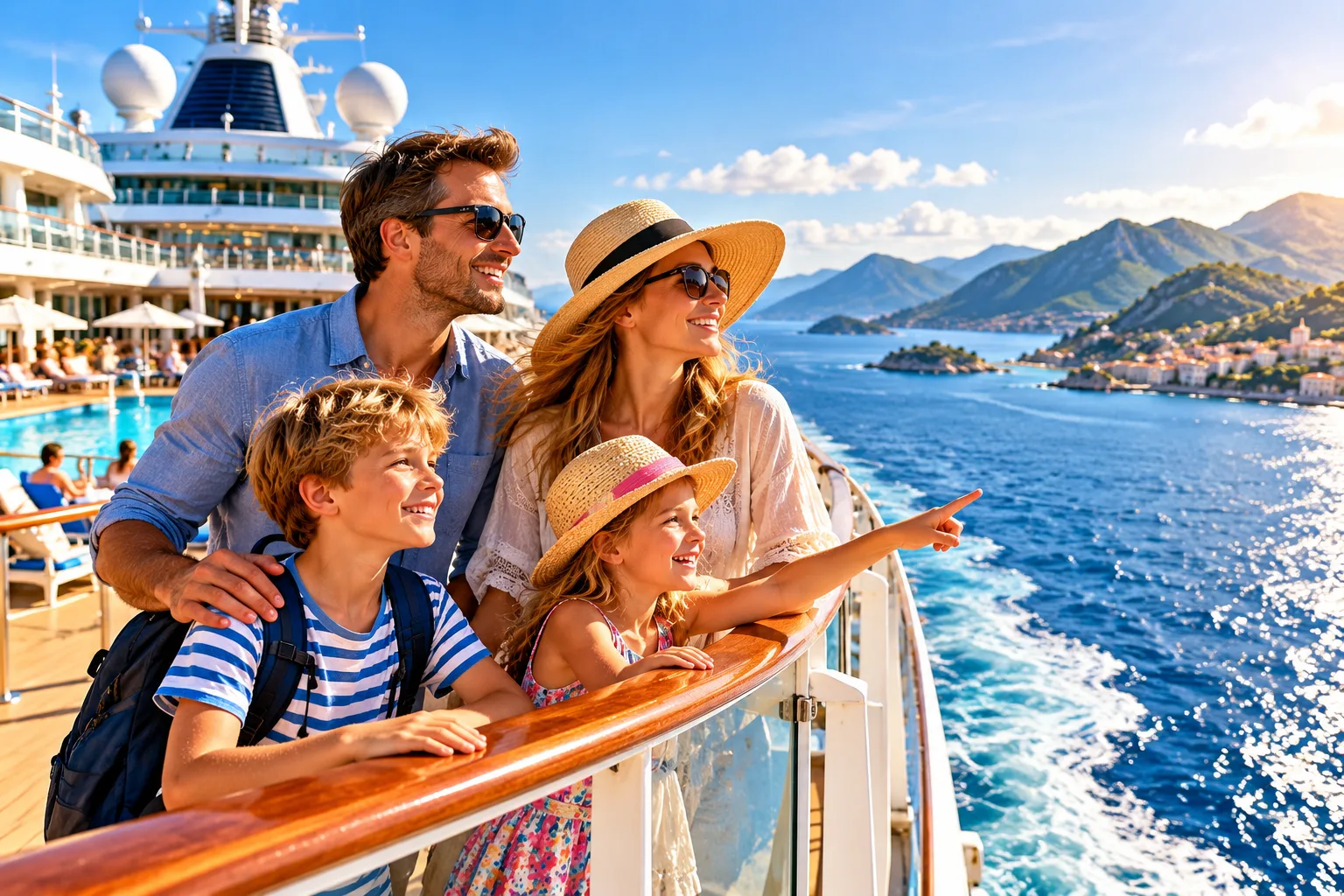 Familie auf dem Deck eines Kreuzfahrtschiffs mit Blick auf Meer und Küste