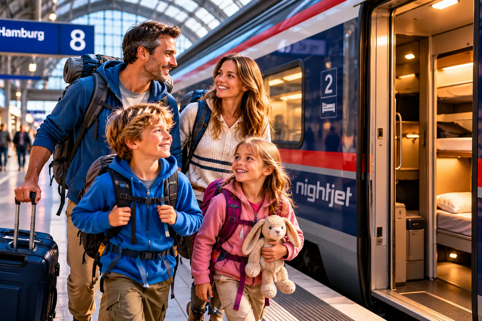 Familie mit Gepäck am Bahnsteig vor einem Nachtzug