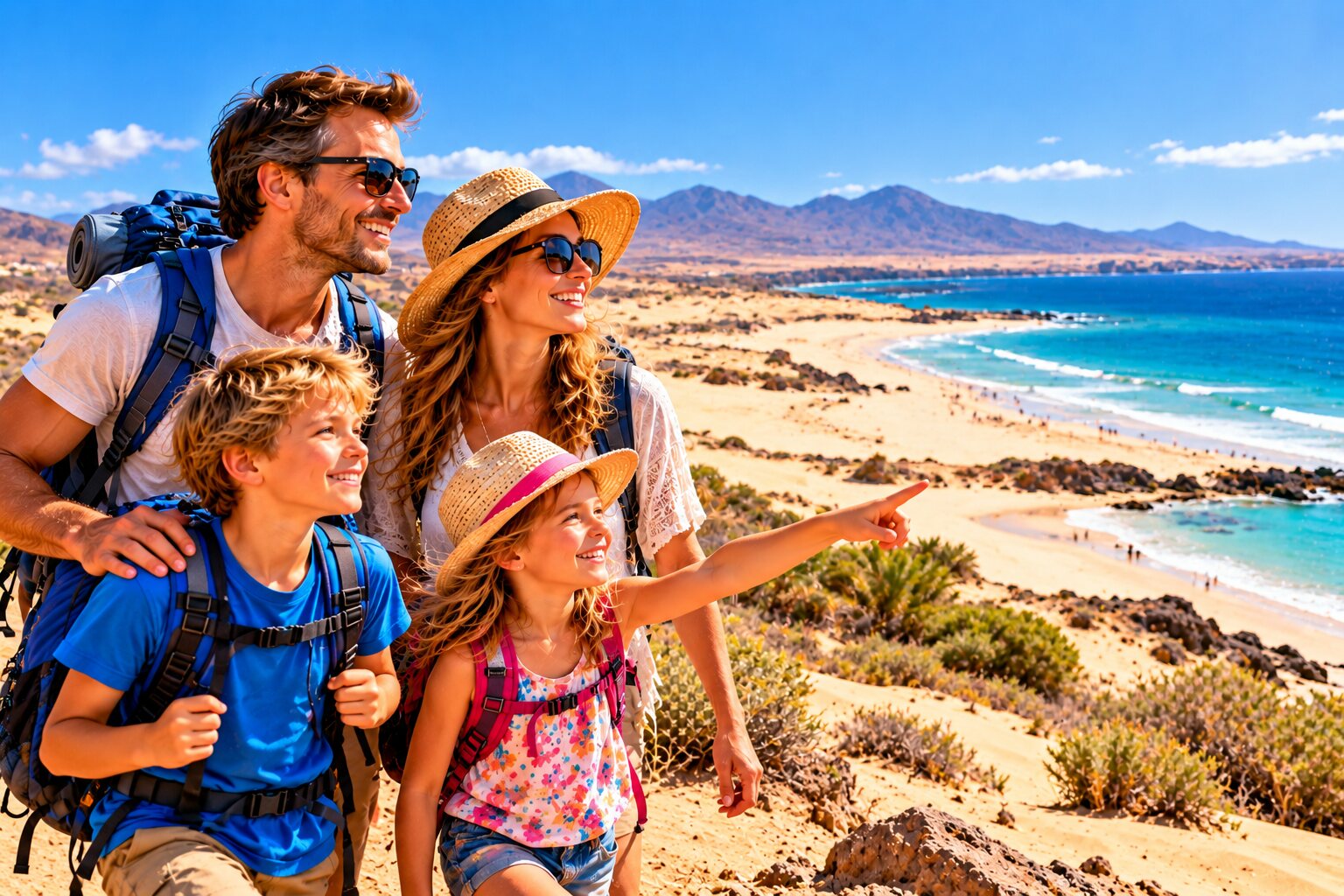 Familie an der weiten Strand- und Dünenlandschaft Fuerteventuras