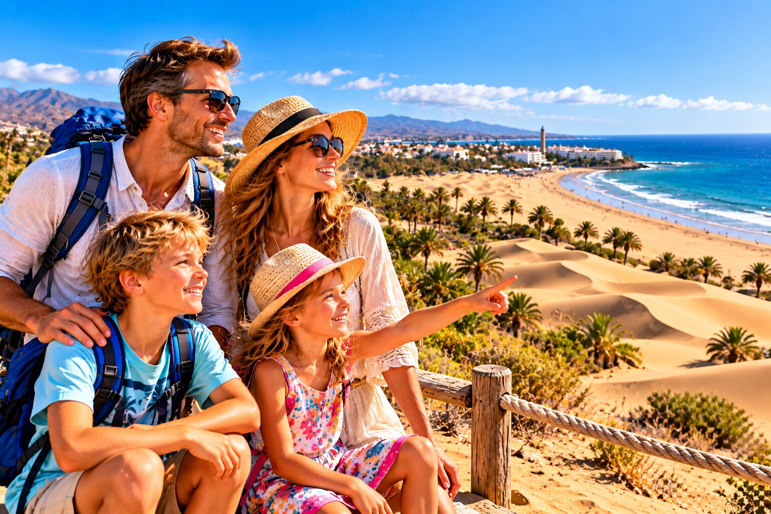 Familie mit Blick auf Strand und Dünenlandschaft auf Gran Canaria