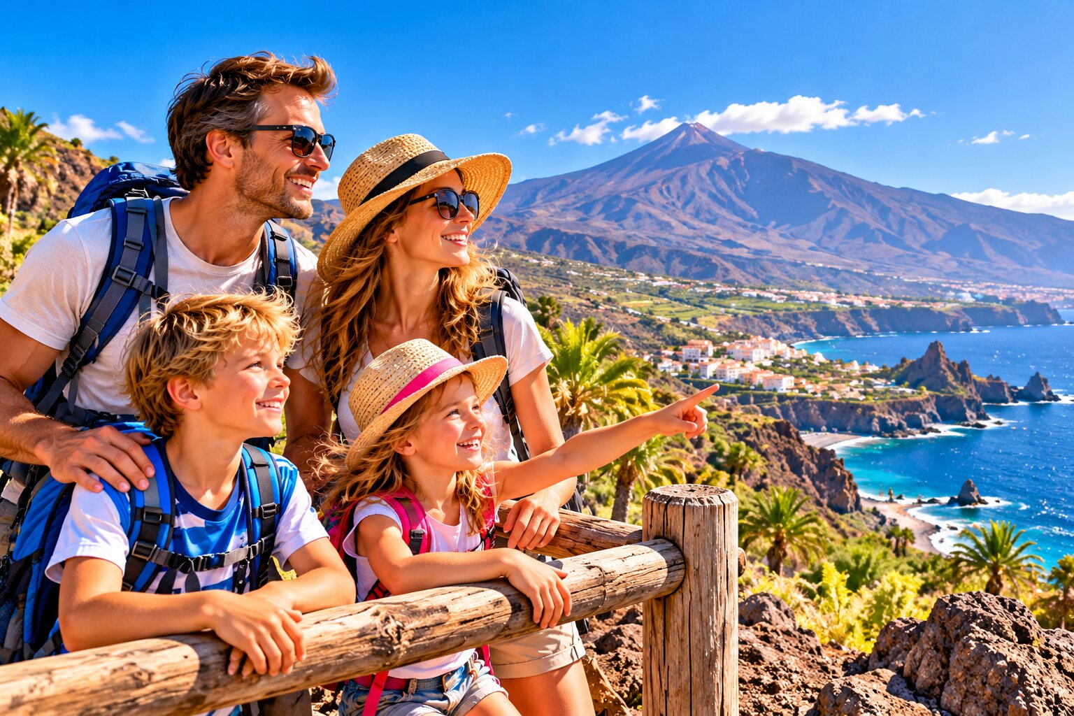 Familie auf Teneriffa mit Blick auf Küste und Vulkanlandschaft
