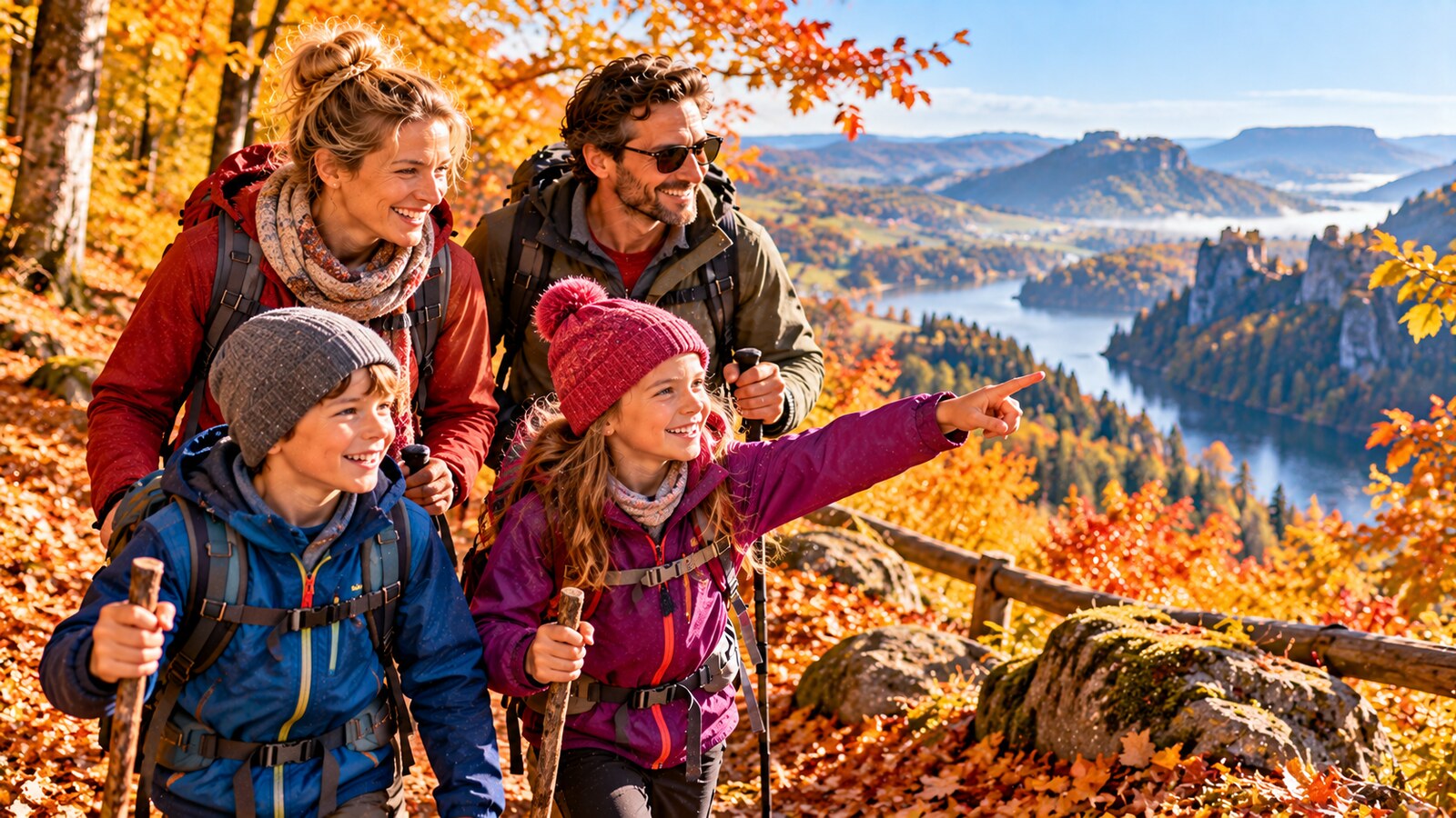 Familie mit Kindern beim Aktivurlaub in farbenfroher Herbstlandschaft