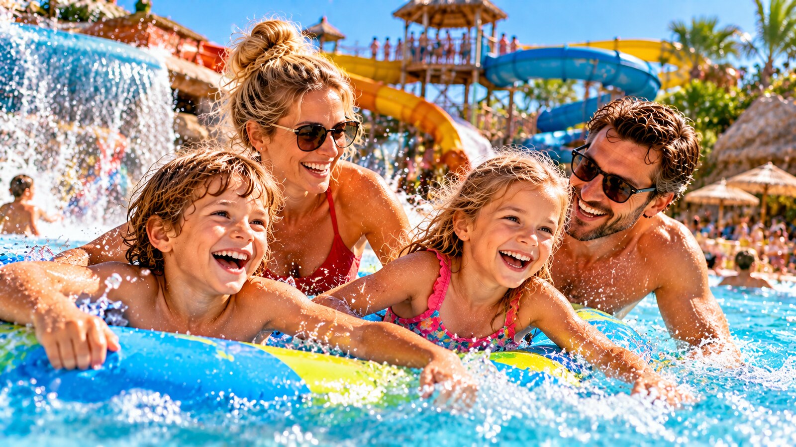 Familie mit Kindern im sommerlichen Wasserpark mit Rutschen