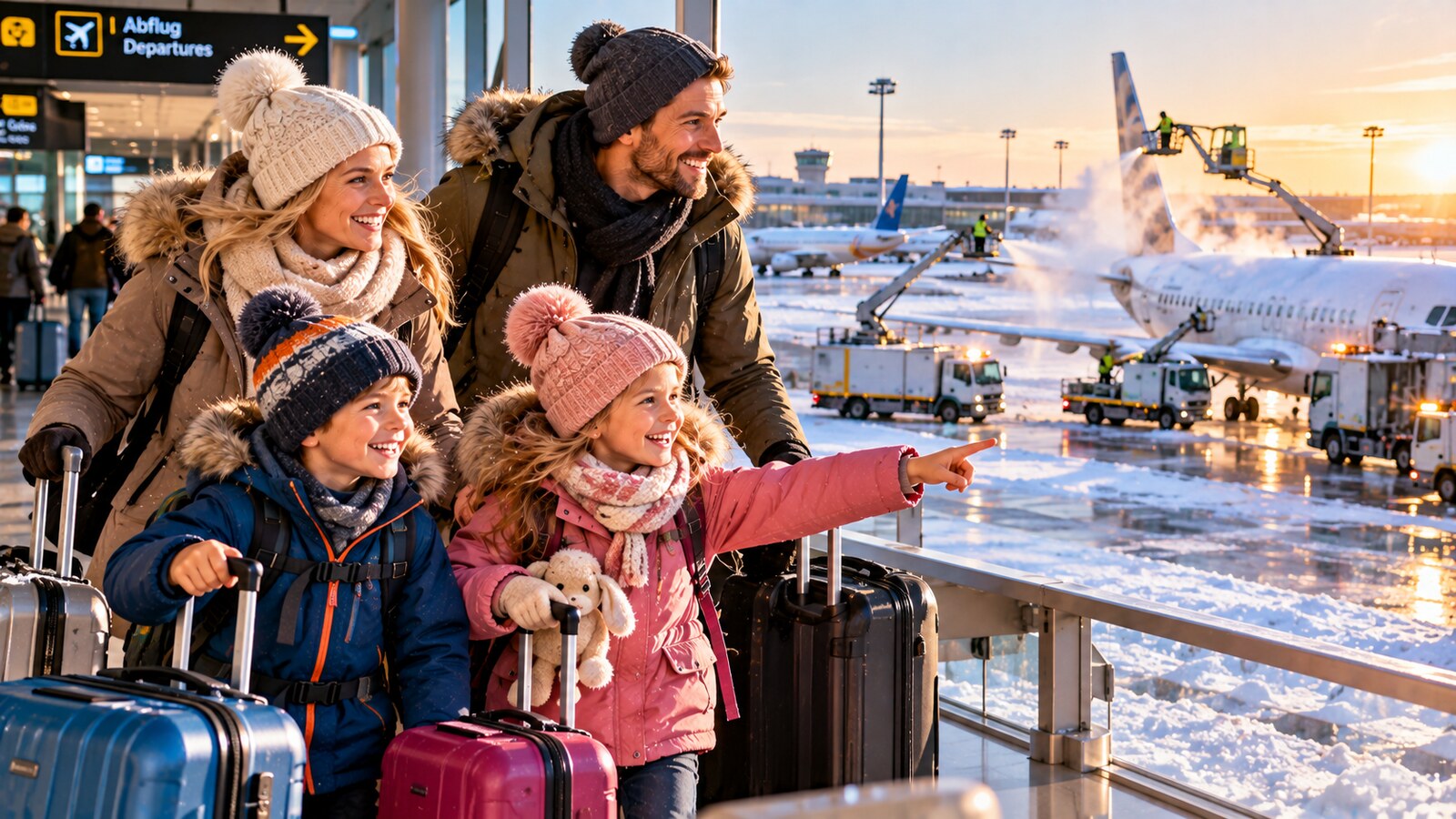 Familie in Winterkleidung mit Koffern am verschneiten Flughafen vor dem Flug in die Wintersonne
